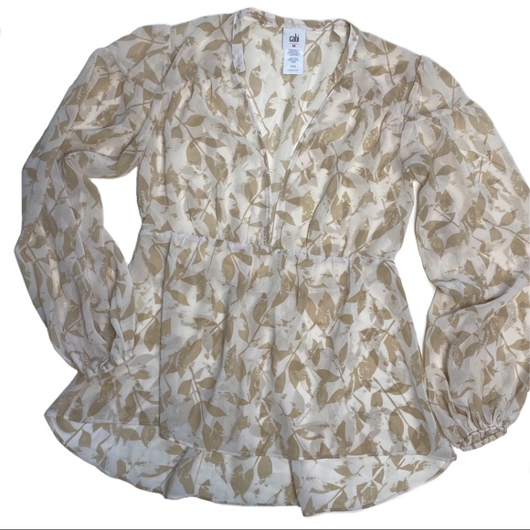 Cabi Couplet Blouse High-Low Hem Leaf Pattern Long Sleeve Item # 4156 - Picture 5 of 10